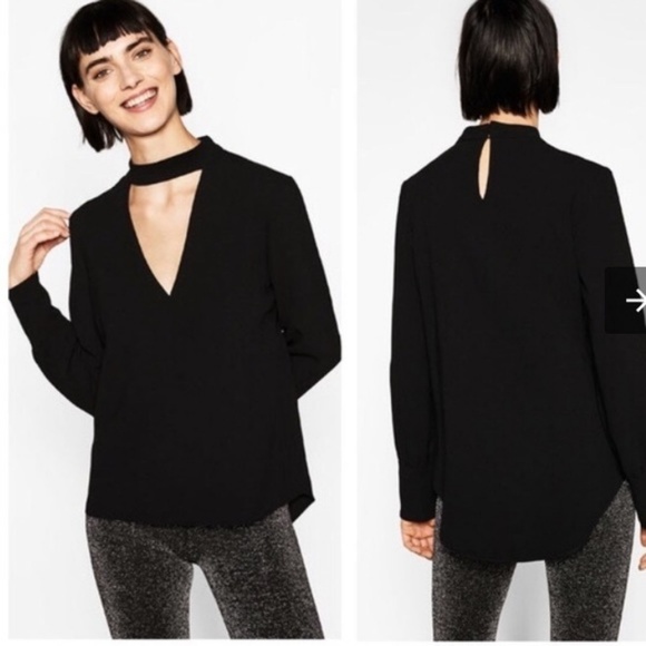 Zara Tops - Zara Choker V-neck Long Sleeve Chic Black Blouse